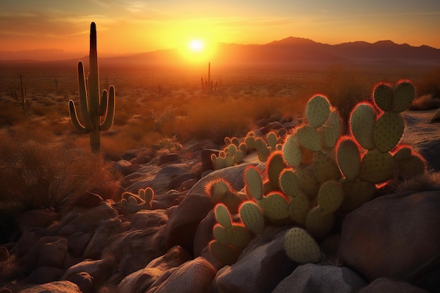 Kaktusy o zachodzie słońca w Parku Narodowym Saguaro w Arizonie