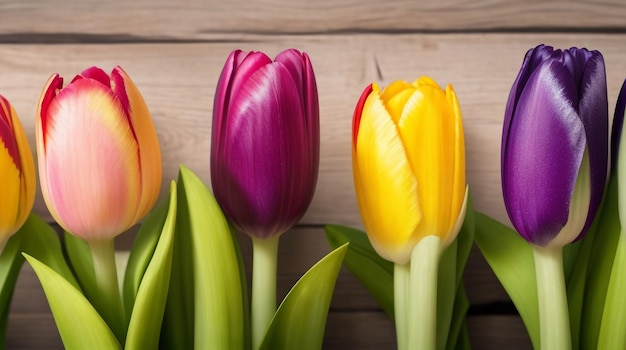 Kalejdoskop tulipanów Sześć kolorowych tulipanów na drewnianym tle Taniec z energią
