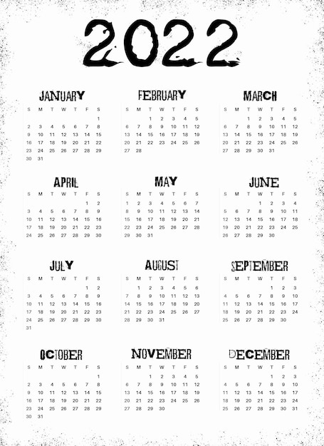 Zdjęcie kalendarz 2022. początek tygodnia niedzielnego. rozmiar litery. szablon kalendarza do druku dla planistów. numer tygodnia. typografia w stylu grunge.