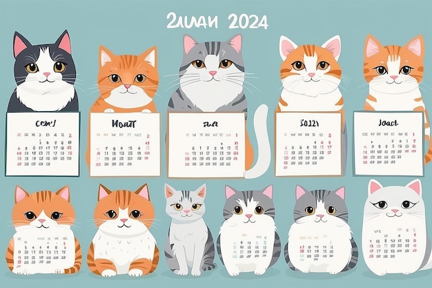 Kalendarz 2024 z uroczymi ręcznie narysowanymi kotami wektorowymi kalendarz 2024 wektorowy EPS 10
