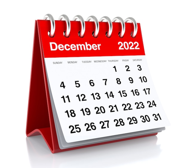 Kalendarz grudzień 2022. na białym tle. Ilustracja 3D