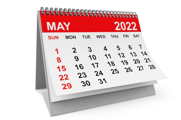 Kalendarz majowy 2022 na białym tle Rendering 3d
