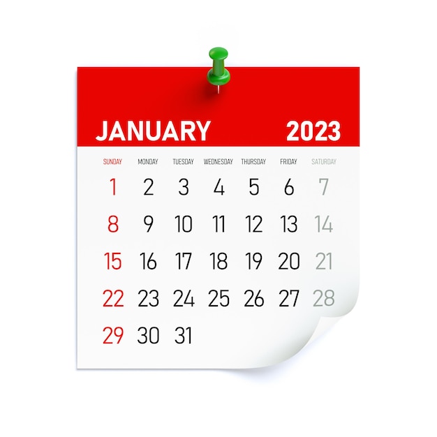 Kalendarz styczeń 2023 na białym tle na białym tle ilustracja 3d