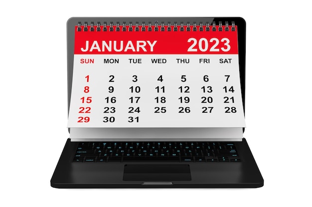 Kalendarz stycznia 2023 r. nad renderowaniem 3d ekranu laptopa
