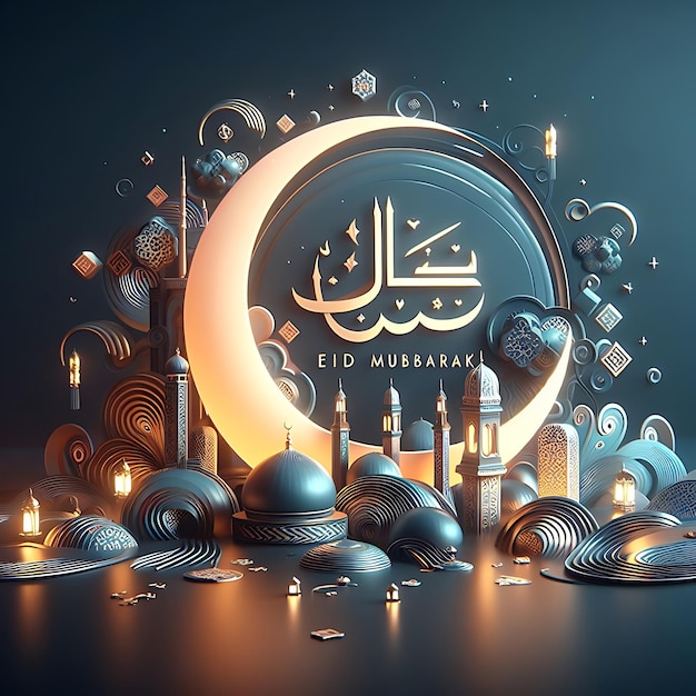 Kaligrafia Eid Mubarak z pustym grawerowaniem księżyca na złotym tle bokeh Ilustracja