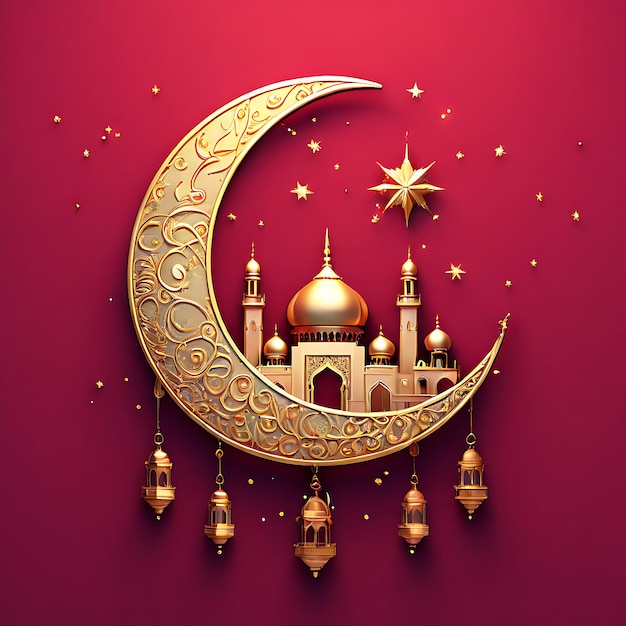 Kaligrafia Eid Mubarak z pustym grawerowaniem księżyca na złotym tle bokeh Ilustracja