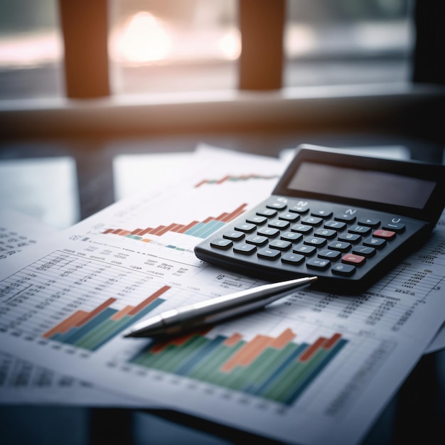 Kalkulator i pióro z sprawozdaniem finansowym i wykresami w tle