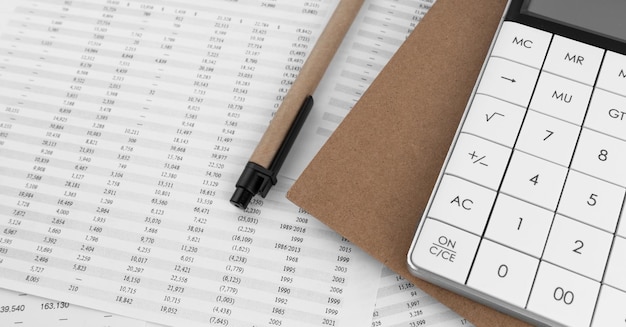 Kalkulator z notatnikiem na dokumentach finansowych Pojęcie finansowe