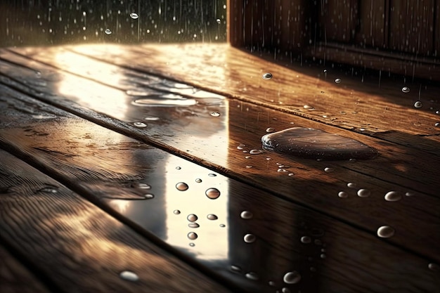 Kałuża na drewnianym pokładzie z kroplami deszczu odbijającymi światło słoneczne