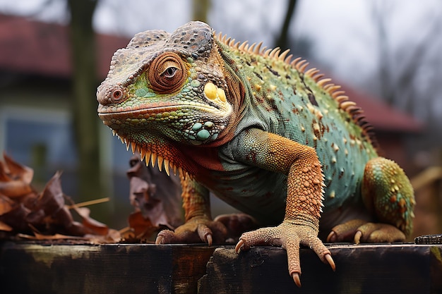 Kameleon drewniany na ogrodzeniu