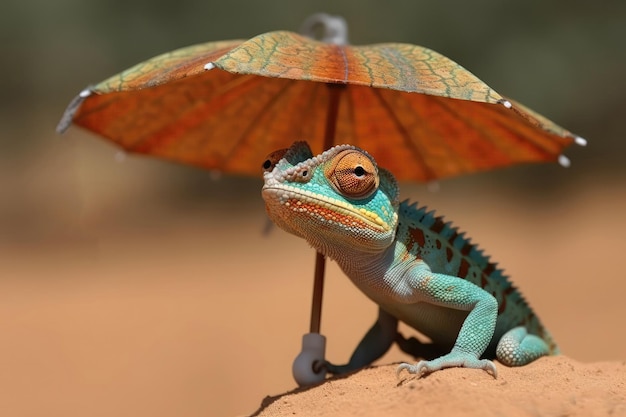 Kameleon Nosi Mały Parasol Plażowy Z Tłem Piaszczystej Pustyni Generative AI