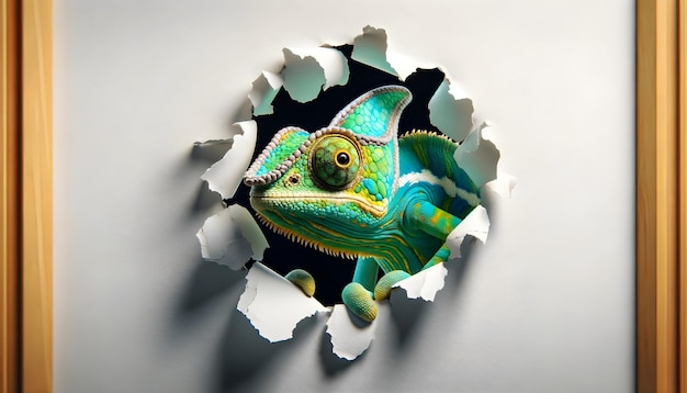 Zdjęcie kameleon patrzący przez dziurę w ścianie z rozerwanego papieru