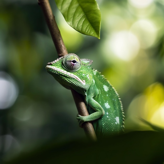 Kameleon spaceruje po cienkim patyku