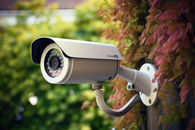 Kamera bezpieczeństwa CCTV na ścianie i zielone liście w tle Kamera bezpieczeństwa CCTV dla prywatnego domu Wygenerowano sztuczną inteligencję