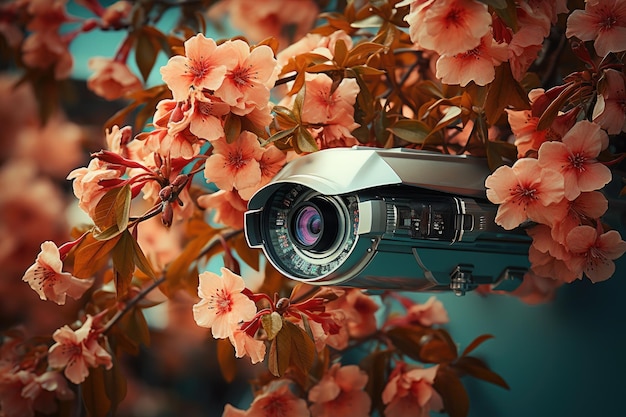 Kamera bezpieczeństwa przed domem z kwiatami na pierwszym planie