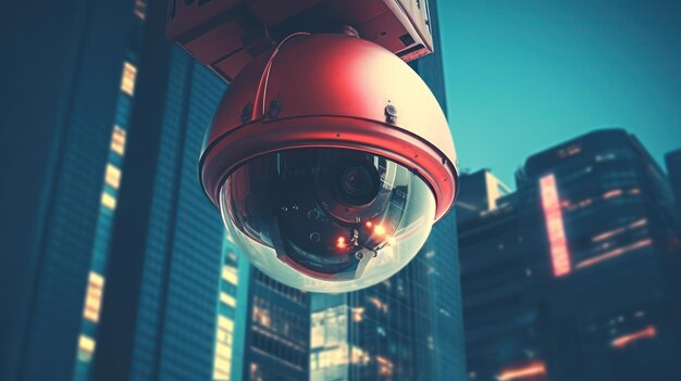 kamera bezpieczeństwa w budynku z rozmytym tłem miasta