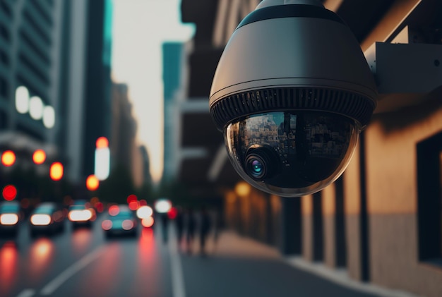 Zdjęcie kamera bezpieczeństwa w mieście koncepcja kontroli nadzoru wideo generatywna sztuczna inteligencja