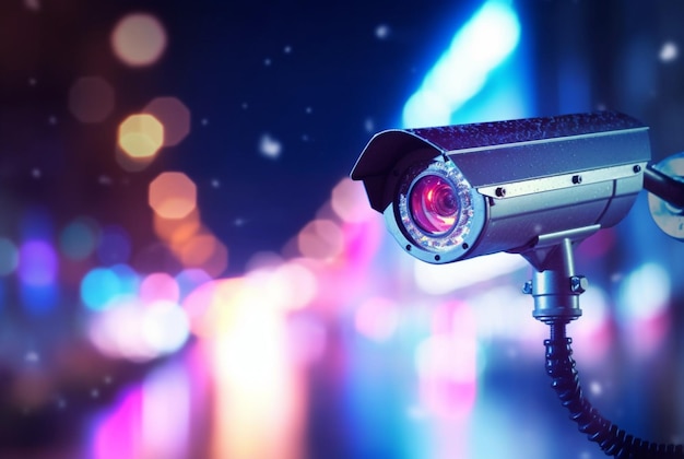 Kamera bezpieczeństwa w nowoczesnym budynku CCTV z niewyraźnym tłem świateł miejskich Technologia systemu bezpieczeństwa generatywna ai