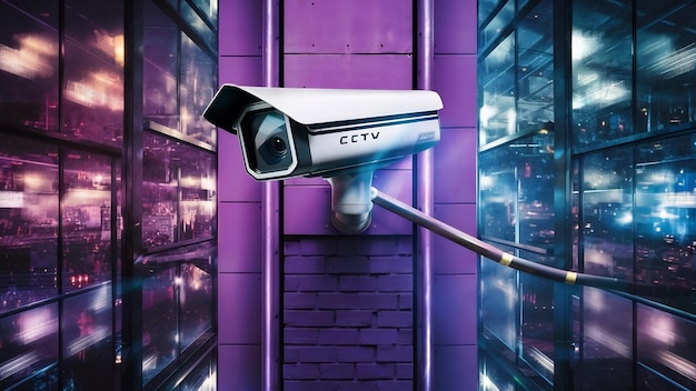 Kamera CCTV na fioletowej ścianie.