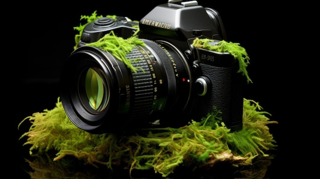 Zdjęcie kamera fotograficzna pokryta zielonym mchem i trawą przyroda wygrywa ekologię
