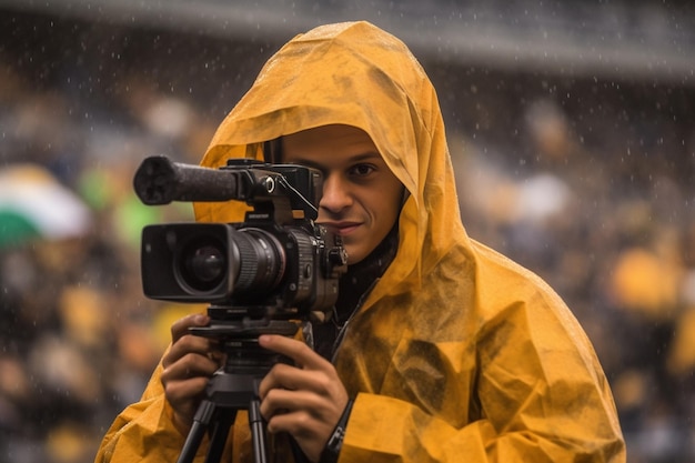 Zdjęcie kamera i kamerzysta w deszczu na stadionie meczów generacyjna ai