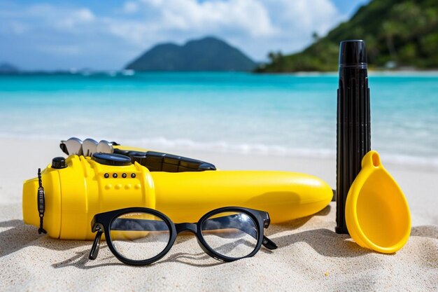 Kamera i miejsce na parasolkę ze sprzętem do snorkelingu na kompozycji plaży