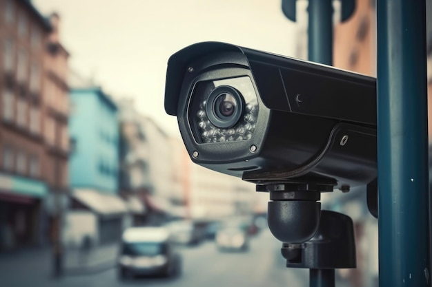 Kamera monitorująca na ulicy miasta System monitoringu CCTV Generative AI