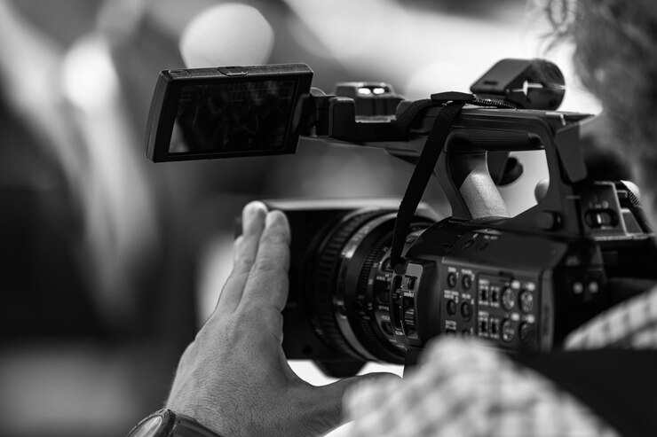 Kamera na medialnej konferencji prasowej reklama na zewnątrz