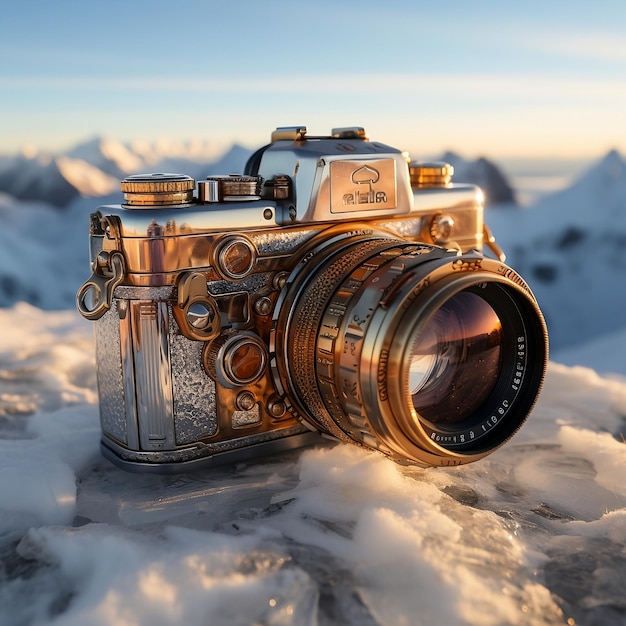 Kamera panoramiczna umieszczona na pokrytych śniegiem górach na tle śnieżnych krajobrazów