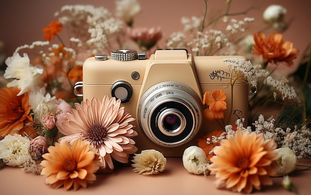Kamera z kwiatami i kamerą na niej.