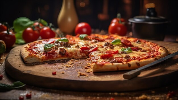 Kamień do pizzy z świeżo ugotowaną ręcznie robioną pizzą Generative Ai