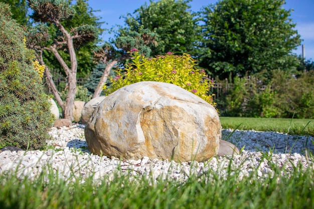Kamień leżący na podwórku krajobrazu w ogrodzie