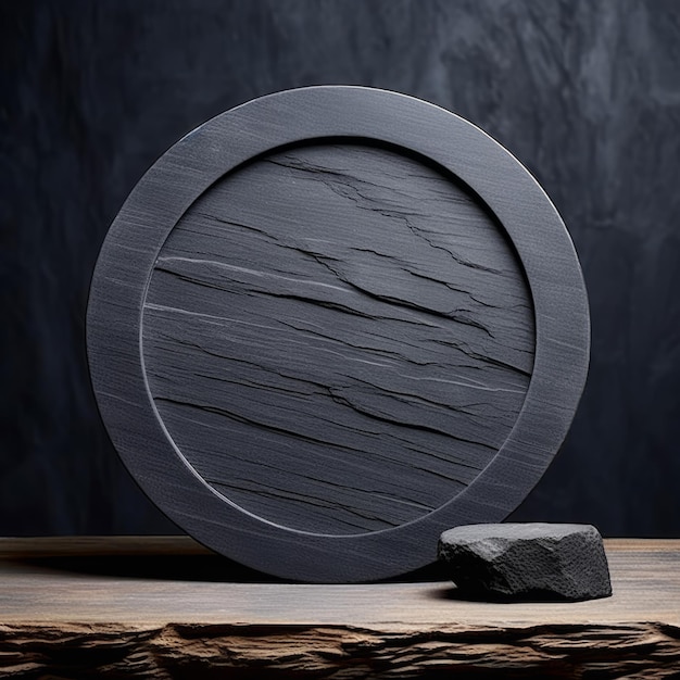 Zdjęcie kamień łupkowy minimalistyczna okrągła ramka na zdjęcia minimalistyczny pierścień z realistyczną teksturą kwadratowa cyfrowa ilustracja ai wygenerowane puste kółko na czarnym tle