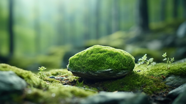 Kamień pokryty zielonym mchem na niewyraźnym tle leśnym Zbliż tło przyrody z przestrzenią do kopiowania projektu