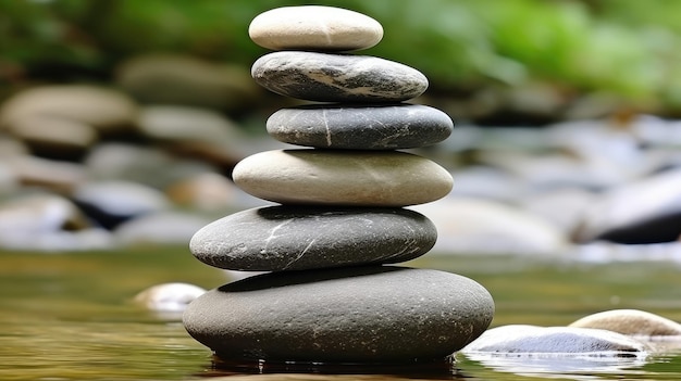 Zdjęcie kamienie na rzece symbolizują medytację, równowagę, relaks i pokój.