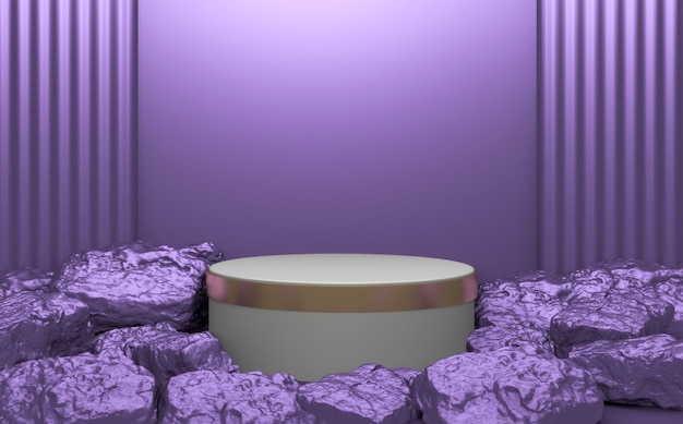 Kamienie Purple Rock na podium geometryczne do prezentacji produktu. Renderowanie 3D
