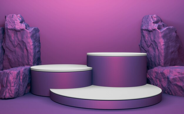 Kamienie Purple Rock na podium geometryczne do prezentacji produktu. Renderowanie 3D