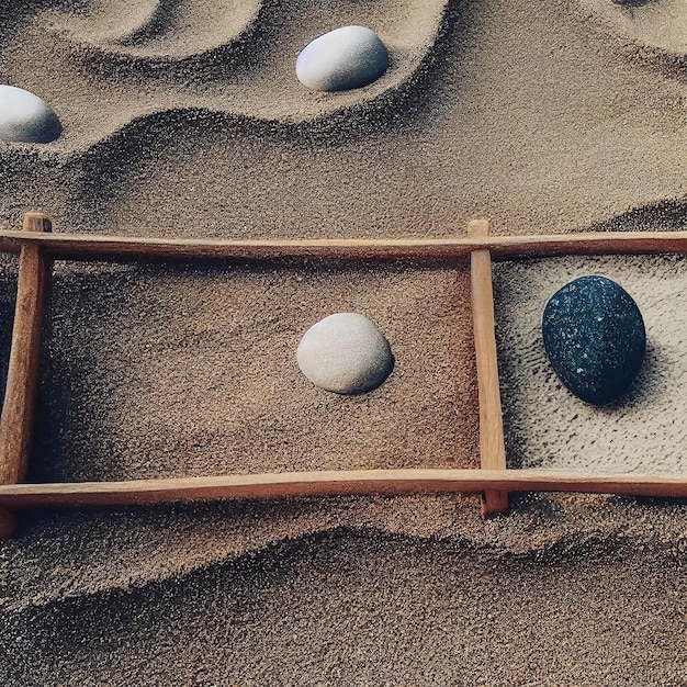 Kamienie w drewnianej ramie na piasku jako koncepcja Zen