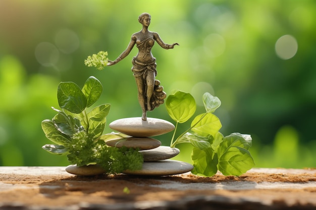 Zdjęcie kamienie z kobiecą figurą i zieloną rośliną na drewnianym stole ai wygenerowane