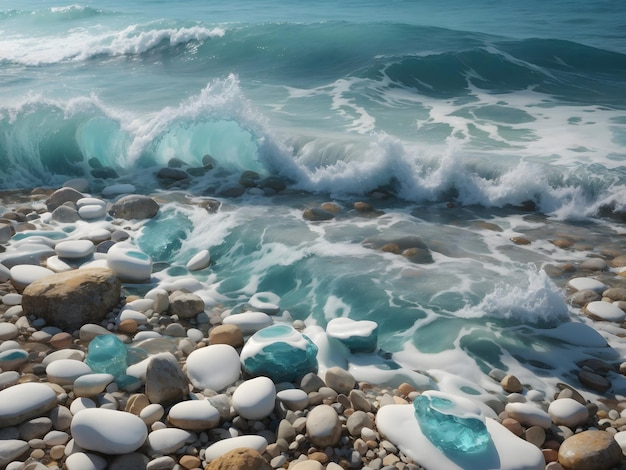 Kamienie ze szkła morskiego ułożone w piramidę równowagi na plaży Piękne morze w kolorze lazurowym z rozmyciem
