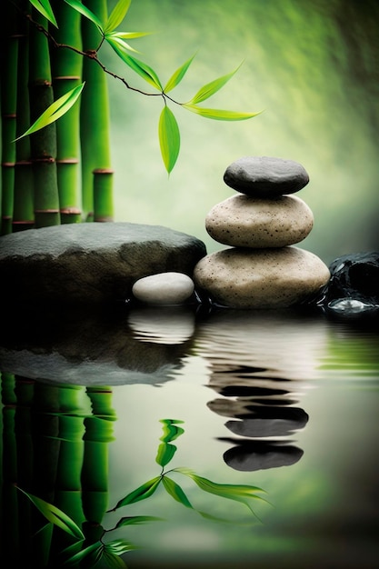 Kamienie Zen na tle wody i bambusa Koncepcja spa Generative AI