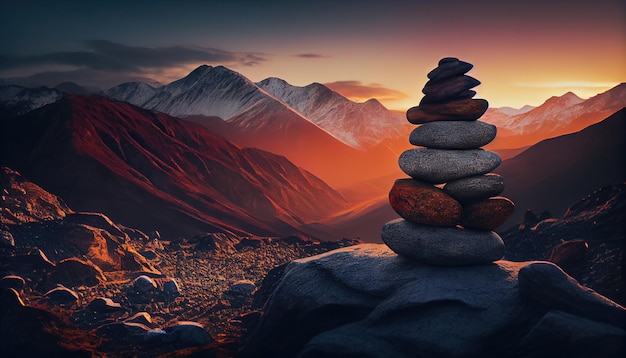 Kamienie Zen ułożone w środku natury w górach z zachodem słońca