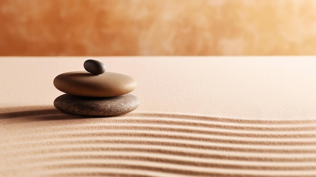 Kamienie żwirowe leżą na piasku w określonej kolejności Medytacja Zen Generatywna sztuczna inteligencja