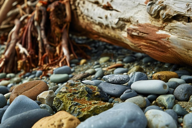 Kamienieczki i drewno dryfujące na plaży z bliska