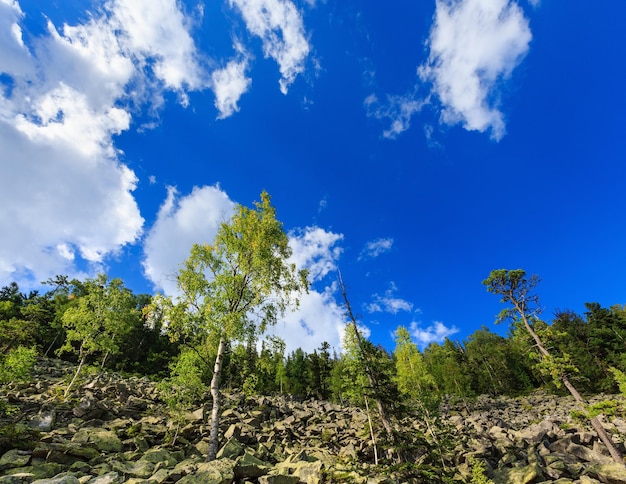 Kamieniste zbocze góry lato widok z nieba i chmur cumulus i brzozy (Ihrovets, Karpaty, Ukraina).