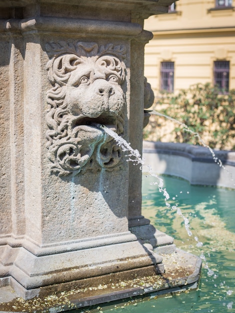 Kamienna fontanna lwa w publicznym ogrodzie, Praga, Czechy