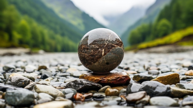 Zdjęcie kamienna kula siedząca na szczycie skał pośrodku rzeki