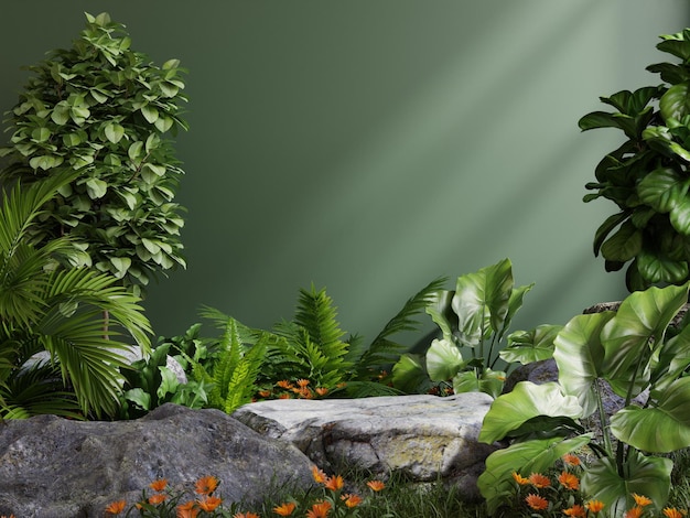 Kamienna platforma w lesie tropikalnym do prezentacji produktów i zielonego lasu