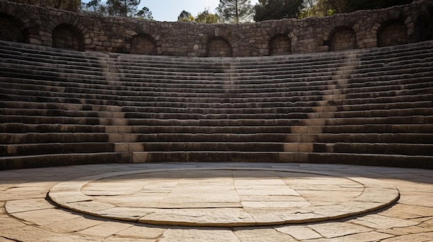 Kamienna scena w pustym starożytnym amfiteatrze, ilustracja wygenerowana przez sztuczną inteligencję