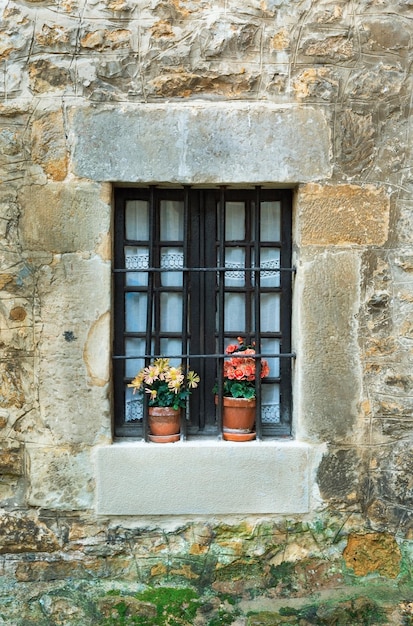 Kamienna ściana i okno z kratami i kwiatami